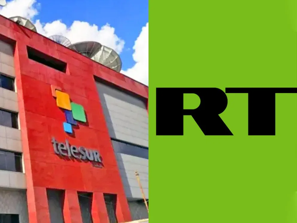 Los logos de los canales internacionales Telesur y RT. Fotos: Telesur y RT. Montaje: Visión 360 