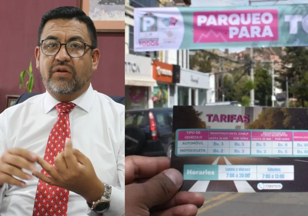 Dulon, presidente del Concejo y el servicio de parqueos tarifados. Fotos: Visión 360 y Alcaldía de La Paz