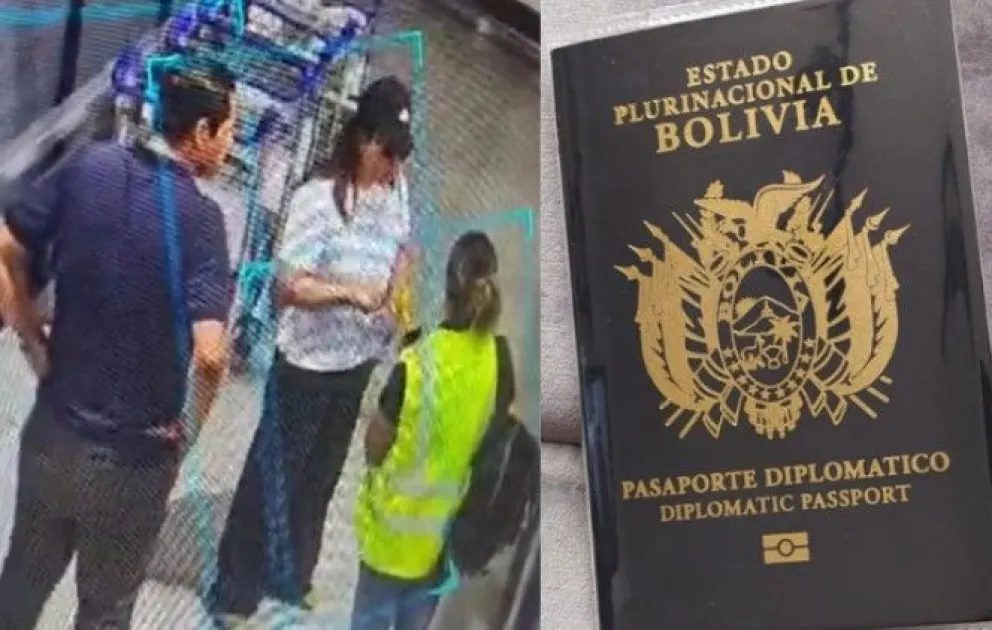 Laura Rojas, exdiputada por Creemos y candidata a concejala por Santa Cruz, en una captura de pantalla en el aeropuerto. Un foto referencial de un pasaporte. Foto: Composición