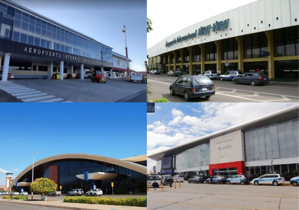 Los aeropuertos de Alcantarí (Sucre), de El Alto, de Santa Cruz y de Cochabamba. Fotos: Naabol