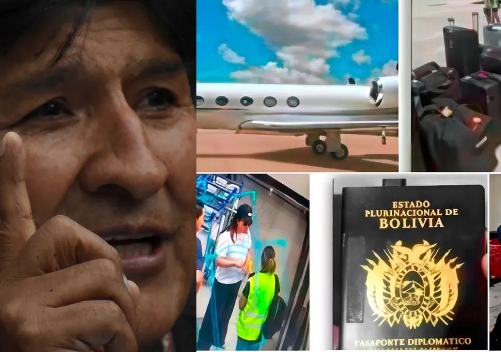 Imágenes de Evo Morales, del jet, maletas, exdiputada, pasaporte y los resultados de un operativo. Fotos: RRSS