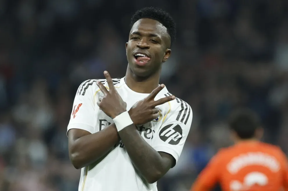 El brasileño Vinicius Junior celebra su segundo gol, el cuarto del Real Madrid. Foto: EFE