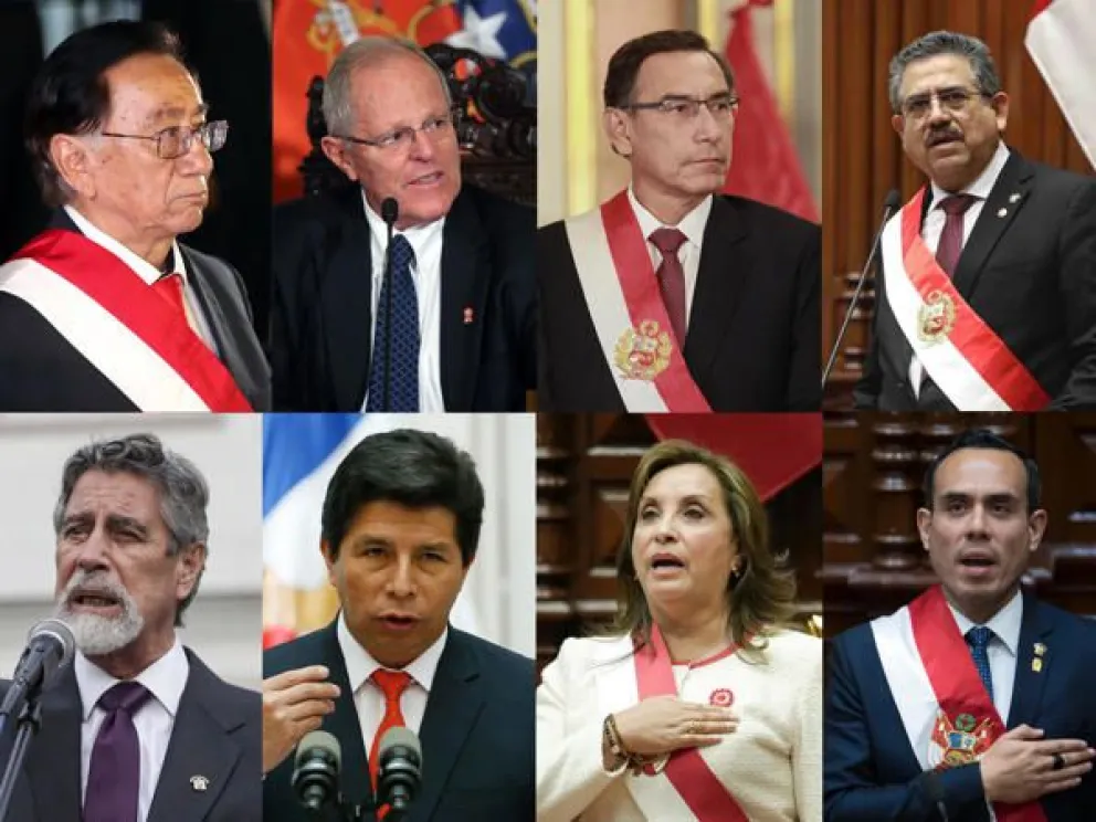 Combo de fotografías que muestra, de izquierda a derecha (arriba) al presidente interino de Perú José María Balcázar y a los expresidentes de Perú, Pedro Pablo Kuczynski, Martín Vizcarra, Manuel Merino, (abajo), Francisco Sagasti, Pedro Castillo, Dina Bol