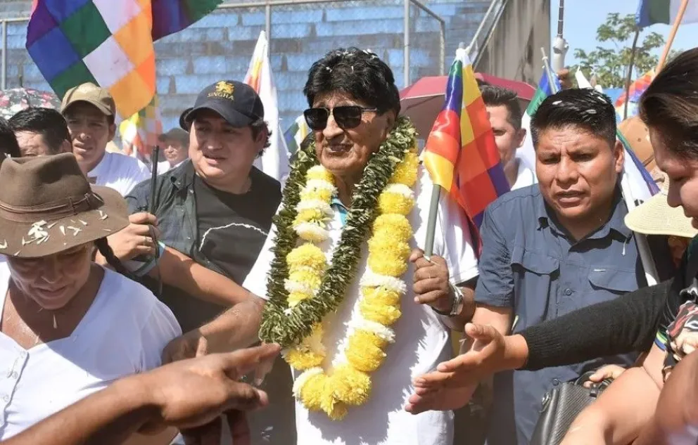 El expresidente de Bolivia Evo Morales (c) asiste a un evento público, este 19 de febrero de 2026, en Chimoré (Bolivia). Foto: EFE