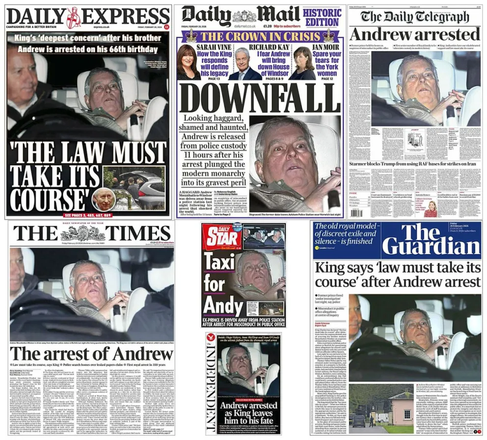 La prensa británica lleva a sus portada del arresto del expríncipe Andrés, hermano del rey Carlos III. Foto: EFE