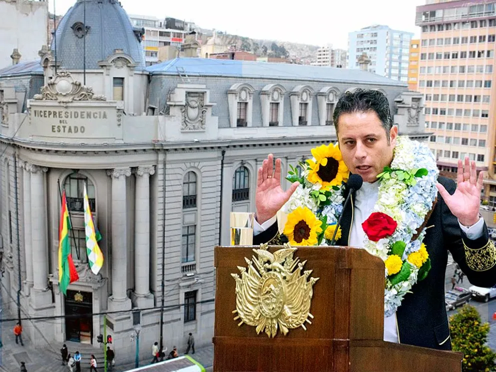 El vicepresidente Edmand Lara en una anterior actividad y de fondo la Vicepresidencia. Fotos: ABI y RRSS de Lara. Montaje: Visión 360