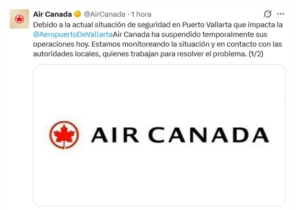Captura de una publicación en X de la cuenta @AirCanada de la aerolínea nacional de Canadá. Foto: EFE
