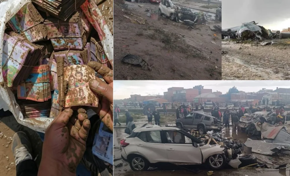 Fotocomposición con imágenes del accidente aéreo en El Alto