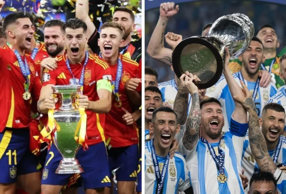 Jugadores de España y Argentina, campeones de la Eurocopa y la Copa América.