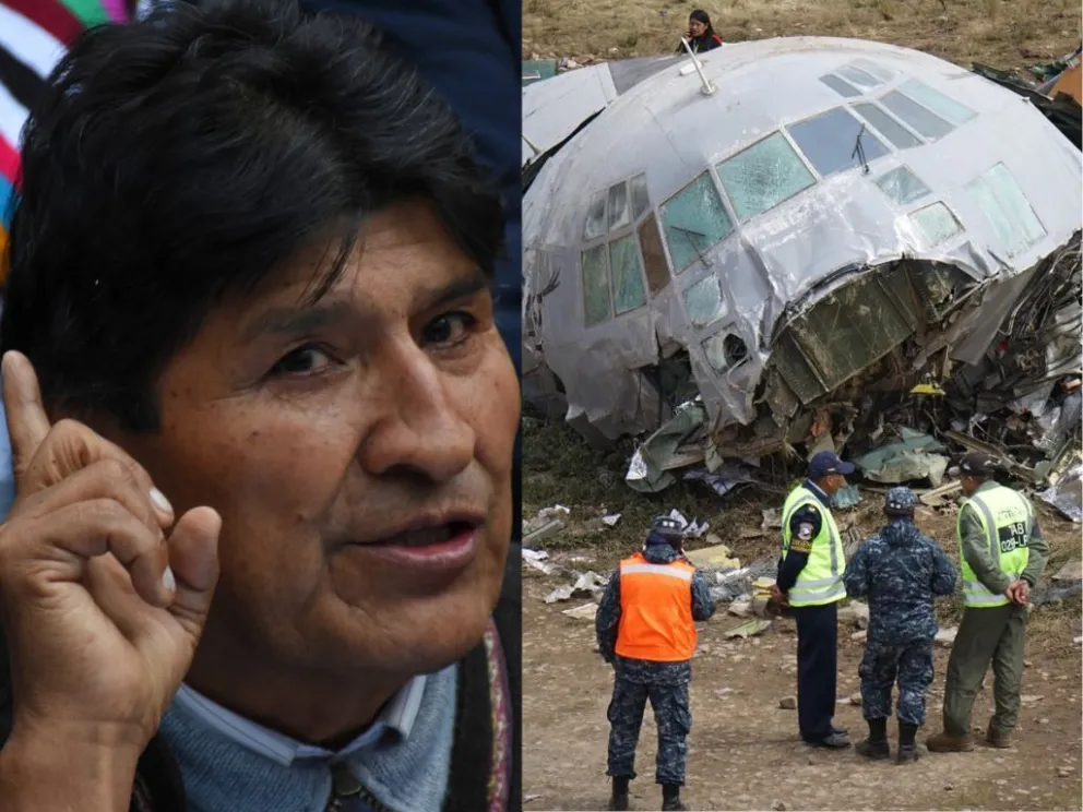Evo Morales y el avión siniestrado. Fotos: APG 