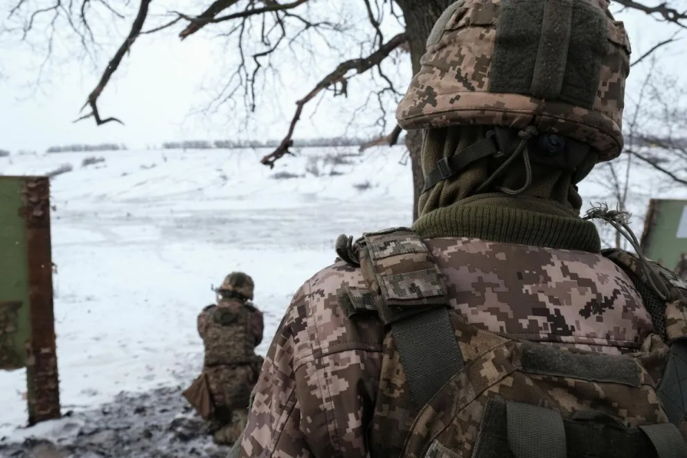 Soldados de infantería ucranianos del Batallón Alcatraz durante su período de entrenamiento militar intensivo. Foto: EFE 