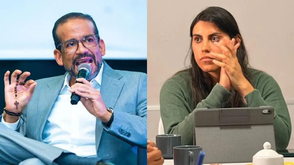 El gobernador cruceño, Luis Fernando Camacho; y la viceministra Andrea Barrientos. Foto: Composición