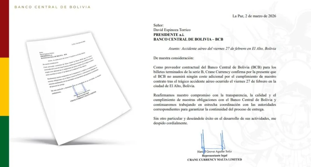 La empresa Crane Currency Malta Limited confirma que el BCB "no asumirá ningún coste adicional por el cumplimiento de nuestro contrato tras el trágico accidente aéreo ocurrido el viernes 27 de febrero en la ciudad de El Alto". Foto: BCB