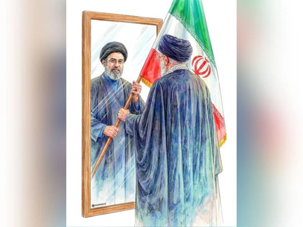Imagen difundida en la cuenta en X @Khamenei_m del fallecido ayatolá, Ali Jameneí, donde se ve a Jameneí (d) entregando una bandera de Irán a su hijo Mojtaba Jameneí. Foto: EFE