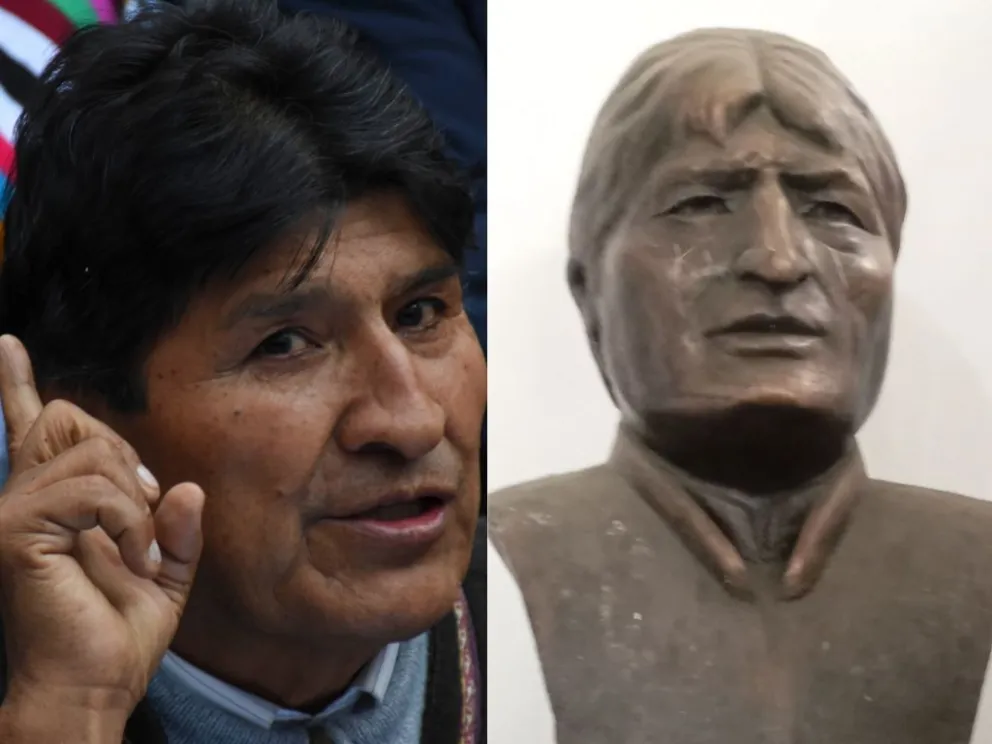 Evo Morales y su busto que debe ser retirado del Legislativo. Fotos: APG y PPM