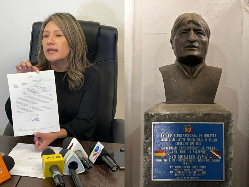 La senadora Claudia Mallon y el busto de Evo Morales. Foto: Composición de Visión 360/Facebook y RRSS