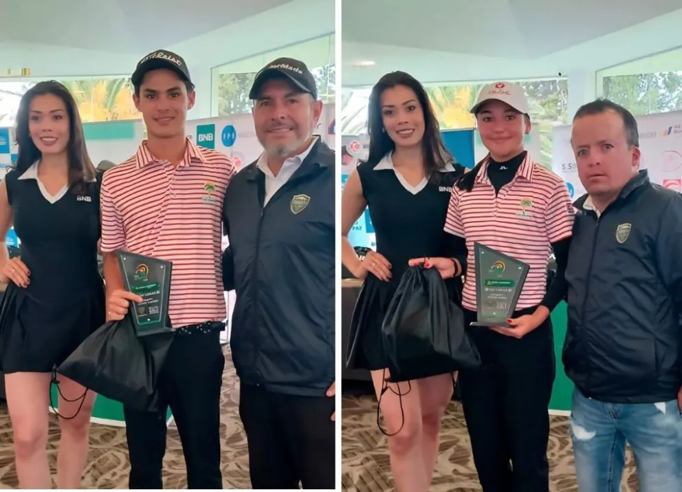 Monasterio (izq.) y Cuéllar, en la premiación. Fotos: Federación Boliviana de Golf.