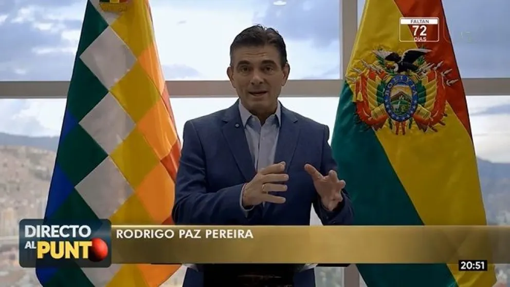 El presidente Rodrigo Paz durante el mensaje pregrabado. Foto: Captura de video