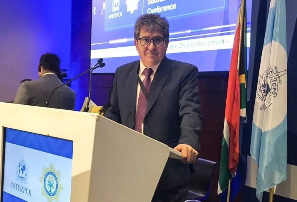 Dávila cuando era director de la Felcn, en la Conferencia Mundial Sobre Drogas Ilícitas que se llevó adelante en Sudáfrica en septiembre de 2019. 