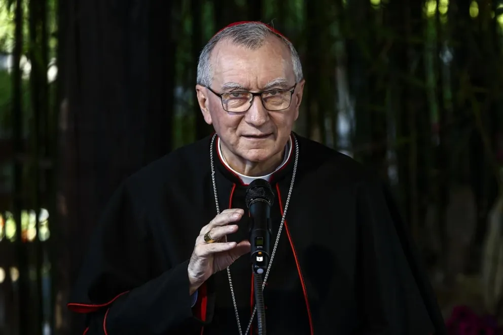 El secretario de Estado vaticano, Pietro Parolin, el 4 de junio de 2025 en una ceremonia en las catacumbas de Roma (Cardenal, Italia, Roma). Foto: EFE