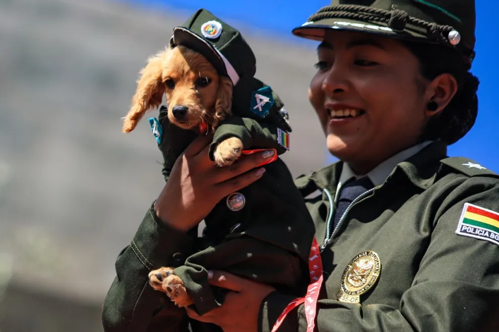Una integrante de la Policía sostiene un perro disfrazado durante un desfile este sábado, en La Paz. Foto: EFE