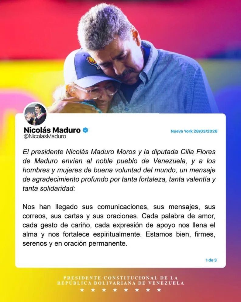 Fotografía tomada de la cuenta en X @NicolasMaduro del presidente derrocado de Venezuela Nicolás Maduro, que muestra un mensaje publicado en esa red social. EFE/ @nicolasmaduro