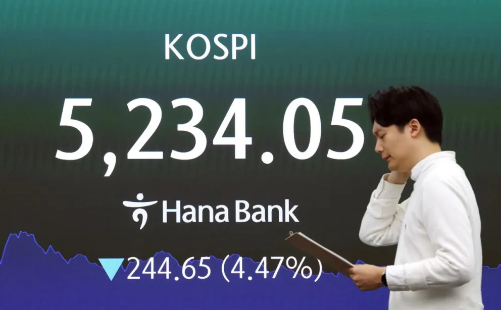 Una pantalla de datos financieros muestra que el índice bursátil de referencia Korea Composite Stock Price Index (KOSPI) cayó 244,65 puntos, o un 4,47%, para cerrar en 5.234,05, en la sala de operaciones de Hana Bank, en Seúl. Foto: EFE