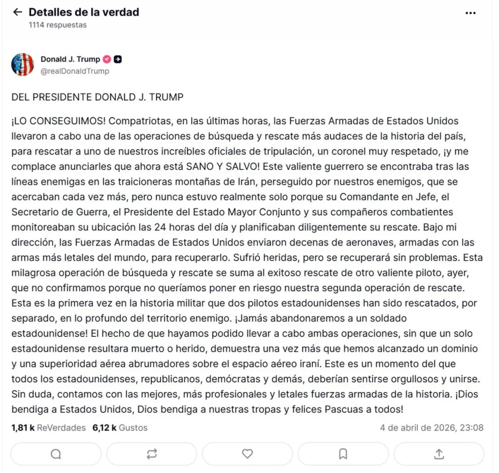 Imagen de una publicación en la cuenta en Truth Social @realDonaldTrump del presidente de los Estados Unidos, Donald Trump. Foto: EFE