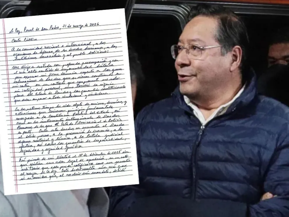 El expresidente Luis Arce cuando fue trasladado a la cárcel de San Pedro y la misiva que escribió.