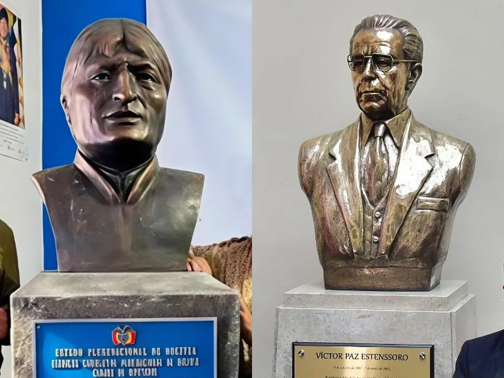 El busto de Morales está en la sede de Evo Pueblo; la efigie de Paz Estenssoro está en la ALP. Fotos:  RKC y APG