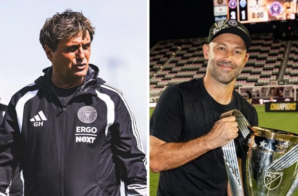 Hoyos (izq.) ya dirige al primer equipo. Mascherano con el trofeo que ganó. Fotos: Inter Miami.