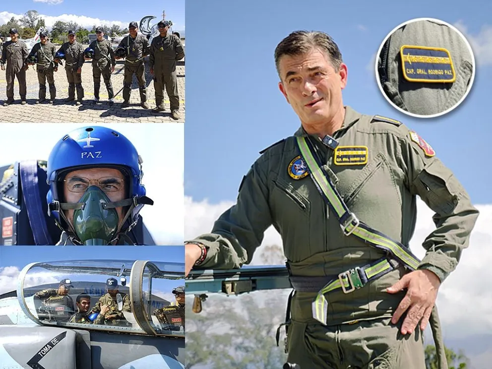 El presidente Rodrigo Paz en diferentes momentos de su vuelo en el avión K-8. Foto: Oficina del Presidente y Defensa. Montaje: Visión 360 