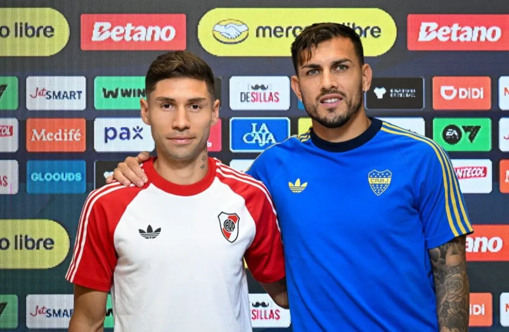 Gonzalo Montiel (izq.), de River, y Leandro Paredes, de Boca, en la conferencia de prensa previa. Foto: ligaprofesional.ar