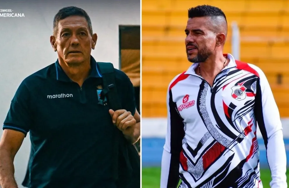 Mauricio Soria (izq.), DT de Blooming, y Alexis Márquez, el entrenador de Nacional Potosí.