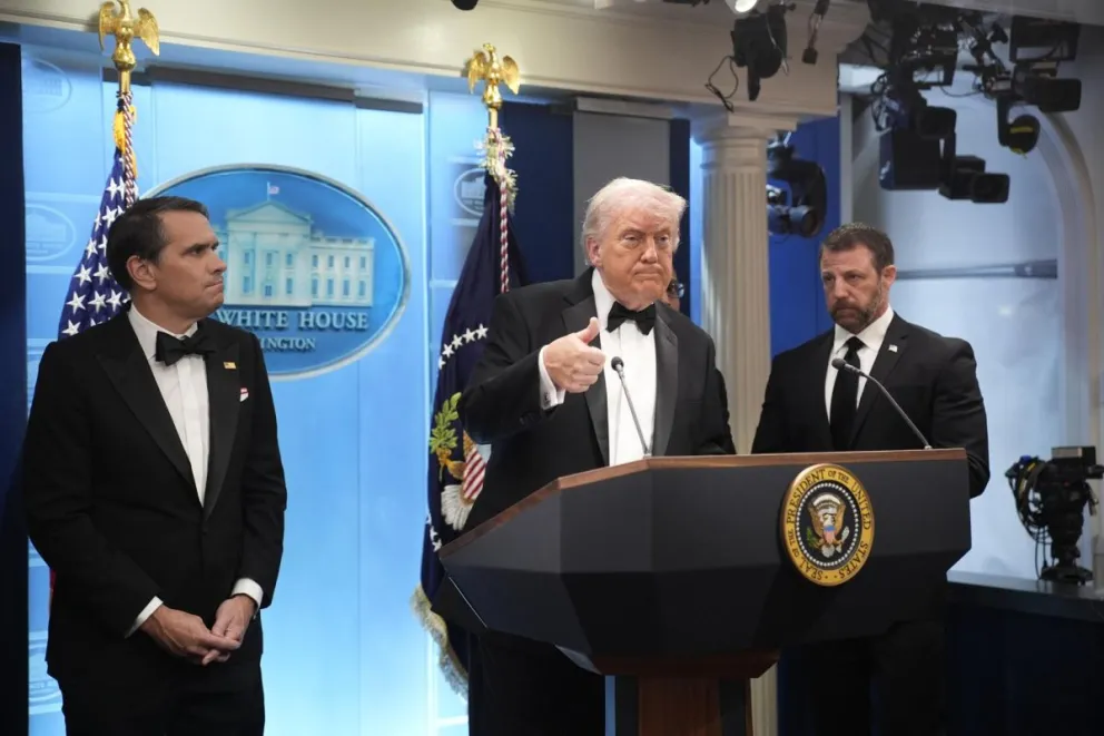 El presidente de Estados Unidos, Donald Trump, durante la rueda de prensa posterior al tiroteo en la Cena de Corresponsales de la Casa Blanca. EFE/Yuri Gripas