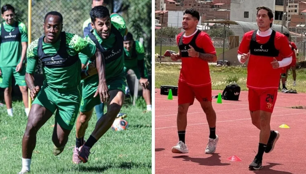 Jugadores de San Antonio (izq.) e Independiente durante sus últimos entrenamientos. 