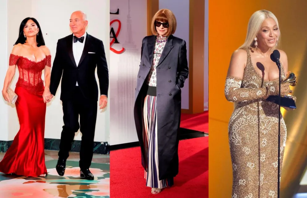 Combo de fotografías de archivo donde aparece Jeff Bezos y su esposa Lauren Sánchez (i), la directora editorial global de Vogue, Anna Wintour (c), y la cantante y compositora Beyoncé. Foto: EFE
