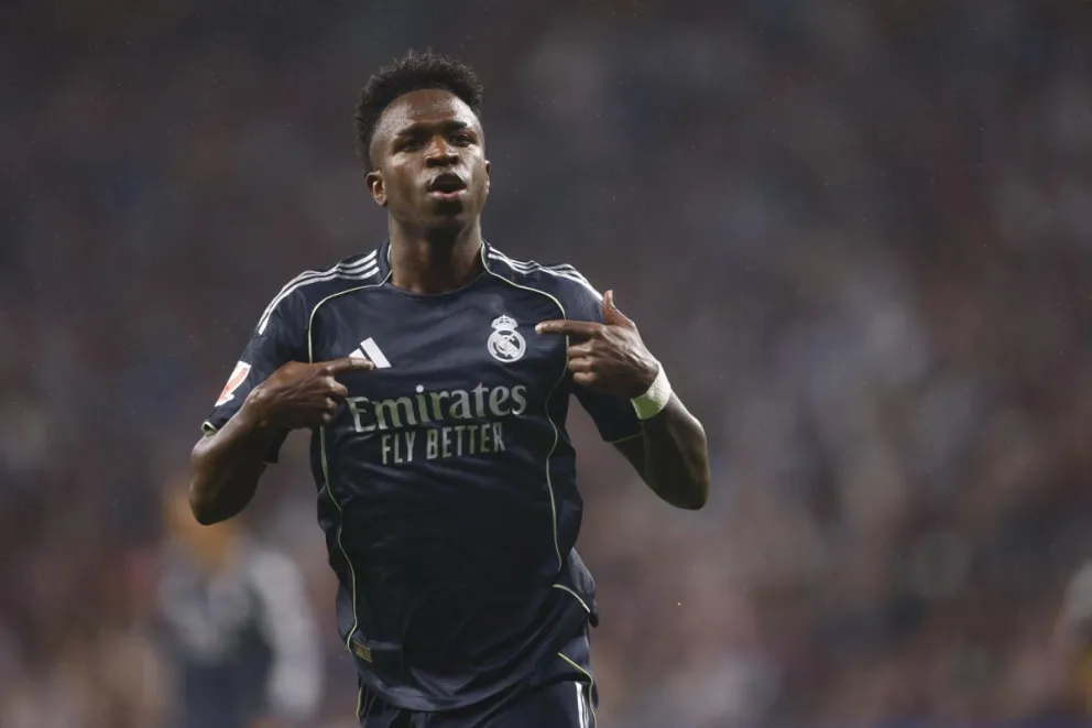 El delantero del Real Madrid Vinicius Junior celebra tras marcar el 0-2, al RCD Espanyol. Foto: EFE