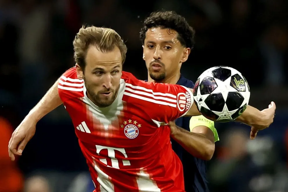 Marquinhos, del PSG, y Harry Kane, del Bayern, durante el partido de ida en París. Foto: EFE