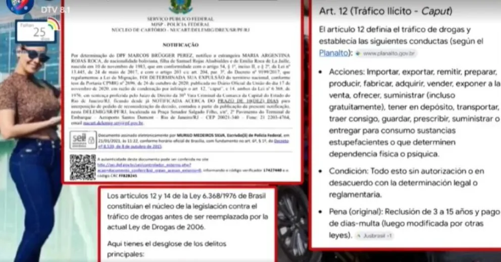 La imagen de la autoridad aduanera en Viru Viru y el informe sobre su expulsión de Brasil. Captura de imagen: Red DTV