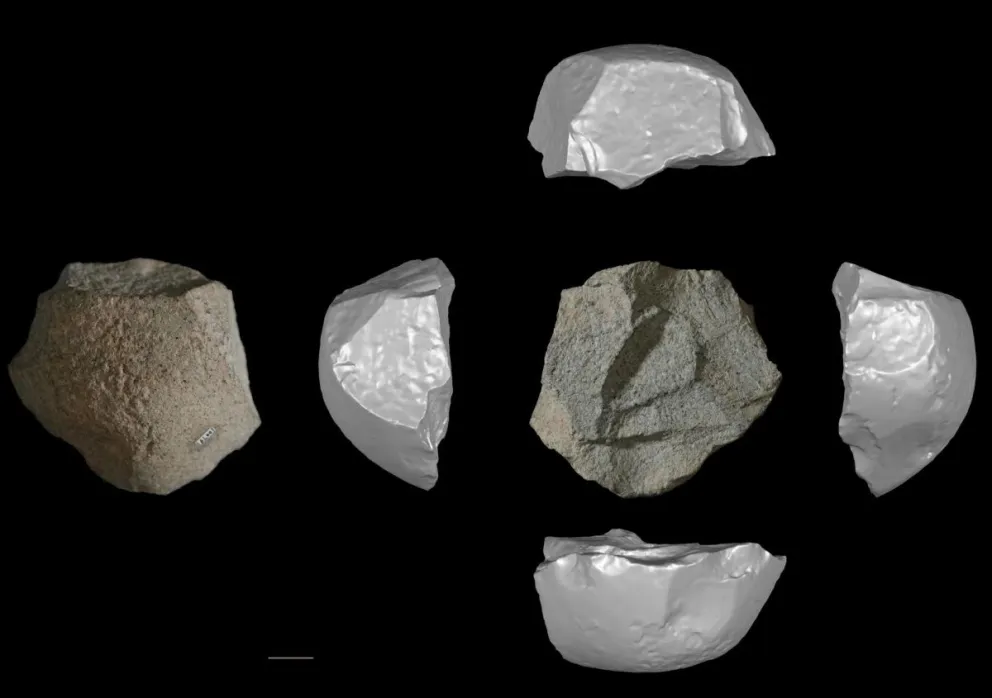 Uno de los núcleos de piedra de 146 000 años de antigüedad utilizados para fabricar herramientas de carnicero, hallado en Lingjing, China. Foto de Yuchao Zhao. Foto: EFE 