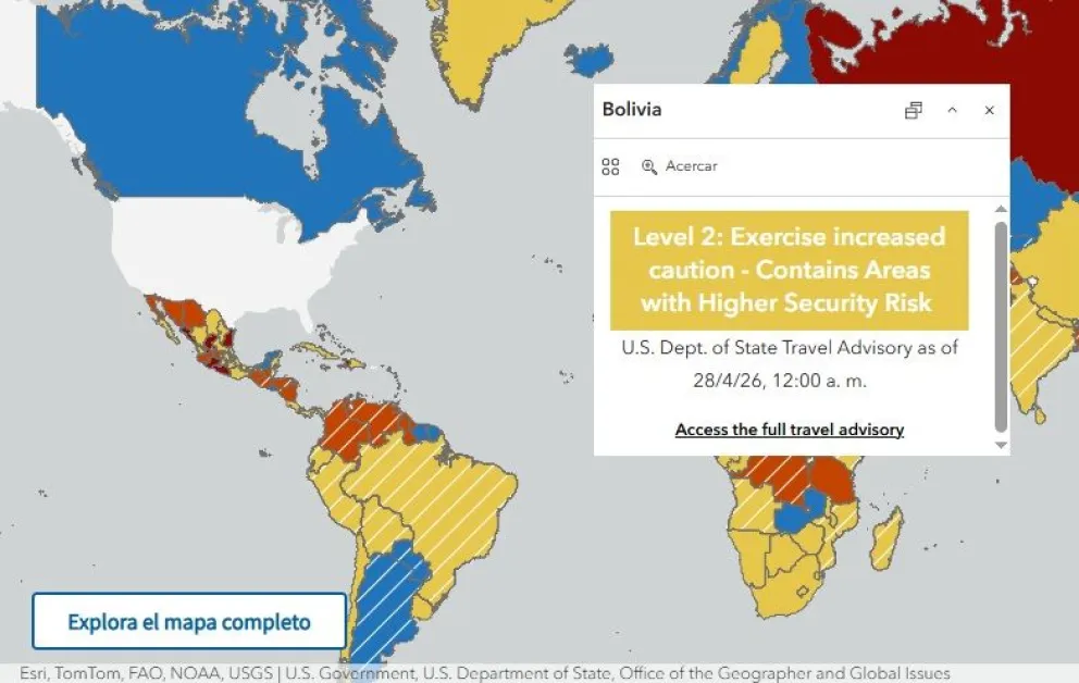 El mapa de alertas del Departamento de Estado de Estados Unidos. 