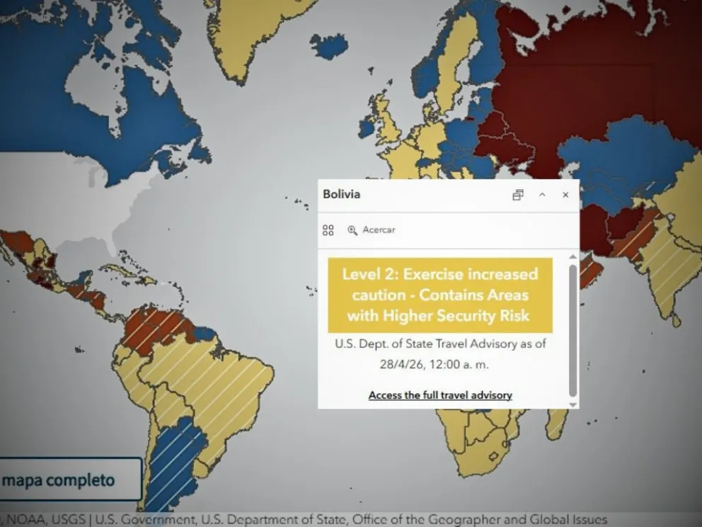 El mapa de alertas del Departamento de Estado de Estados Unidos. 