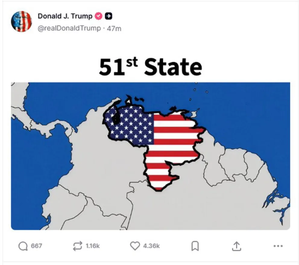 Imagen difundida este martes en la cuenta de Truth Social @realDonaldTrump del presidente de EE.UU., Donald Trump, de un mapa de Venezuela con la bandera de Estados Unidos y un texto que la identifica como el estado 51. Foto: EFE