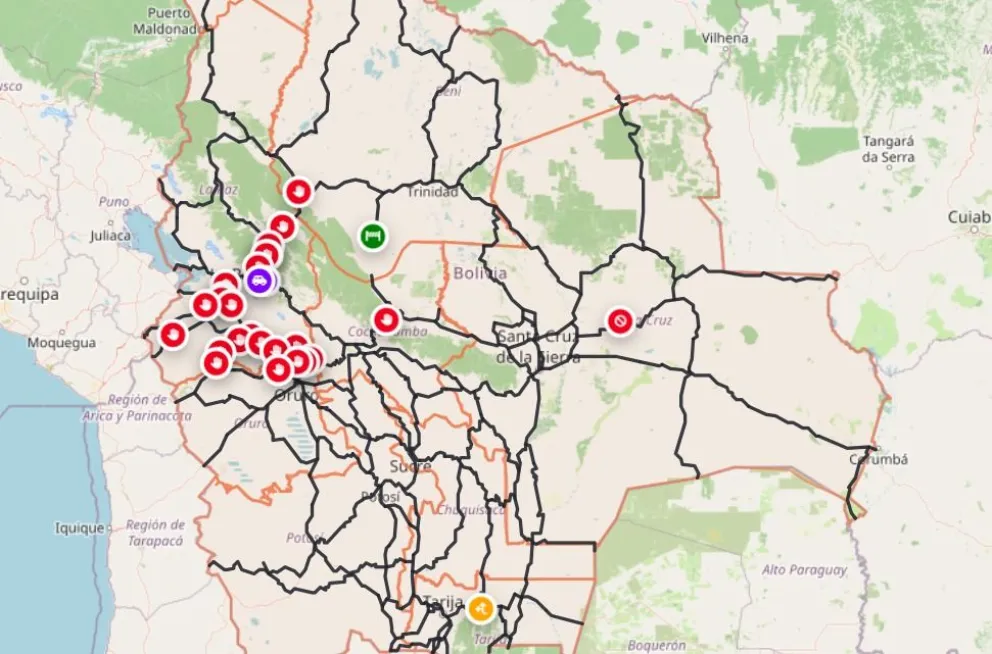 Los puntos de bloqueos según el reporte de la Administradora Boliviana de Carreteras. Foto: Mapa ABC