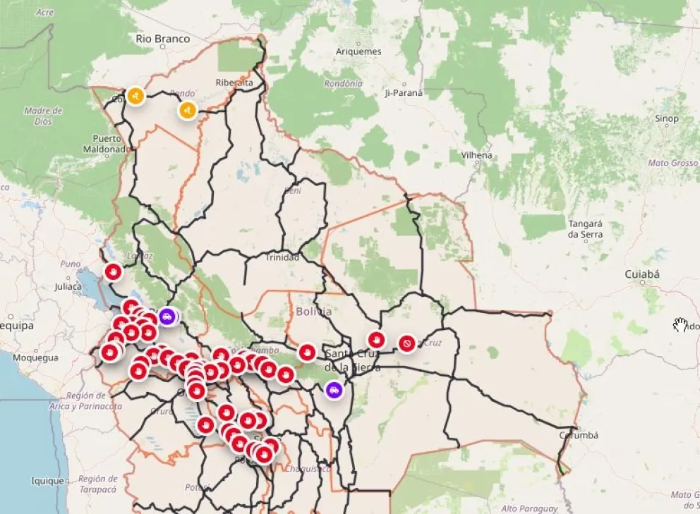 El mapa de transitabilidad de la ABC reporta más de 50 puntos de bloqueos en cinco departamentos. Foto: Administradora Boliviana de Carreteras