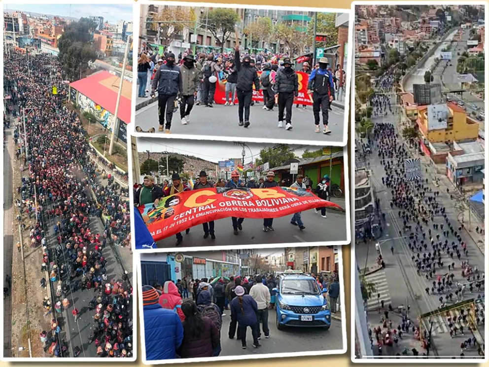 Las marchas que confluyeron en el centro de La Paz. Fotos: Diter Arias, Visión 360 y APG. Montaje: Visión 360 