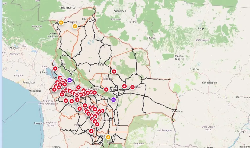 Los puntos de bloqueos según el mapa de la Administradora Boliviana de Carreteras. Foto: ABC