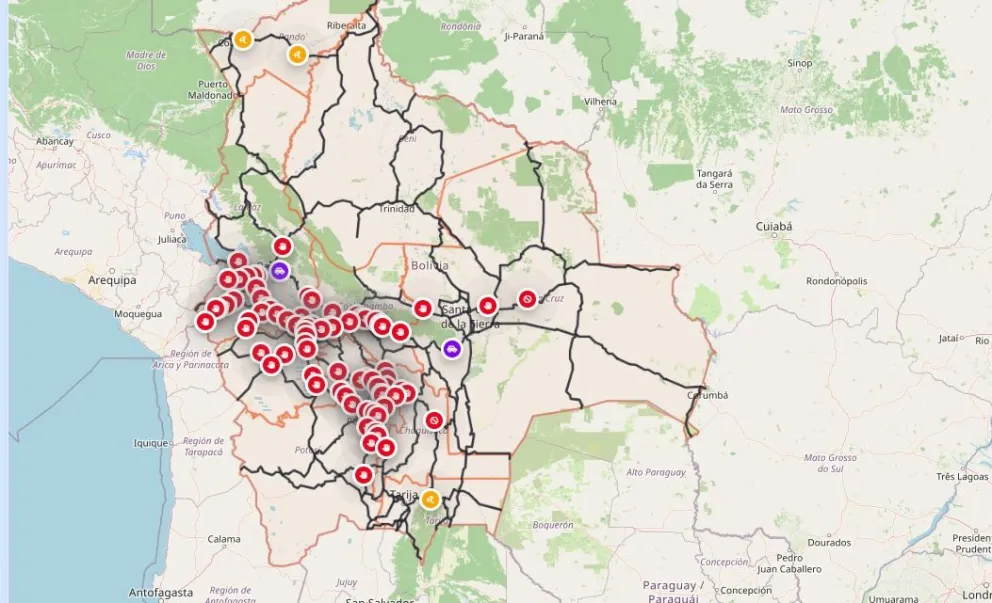 El mapa de bloqueos que tiene el país. Foto: Administradora Boliviana de Carreteras (ABC).