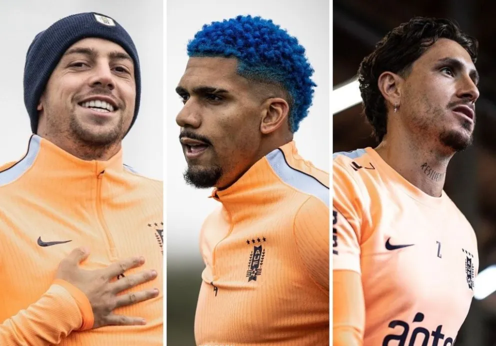 Valverde (izq.), Araujo y Giménez en el entrenamiento de la selección uruguaya del sábado. Fotos: AUF